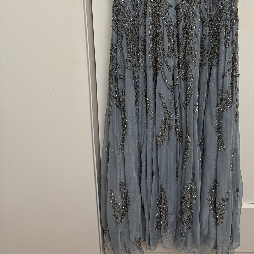 NWT |Mac Duggal A5434 Silver Short Sleeve Beaded A-line Tea Length Dress Size 10 - Picture 12 of 16
